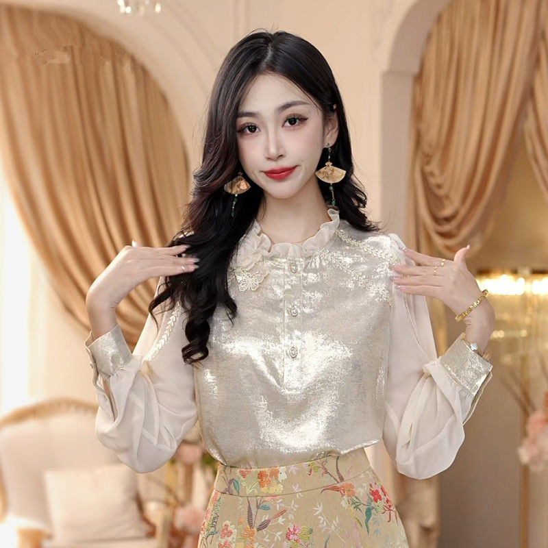 여성을위한 럭셔리 스트리밍 새틴 프렌치 긴팔 셔츠 봄  - Luxury Lifestyle Women 리뷰 및 가격