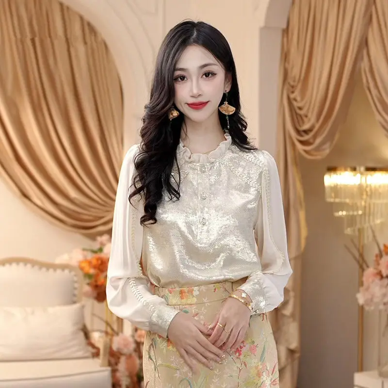 여성을위한 럭셔리 스트리밍 새틴 프렌치 긴팔 셔츠 봄  - Luxury Lifestyle Women 리뷰 및 가격
