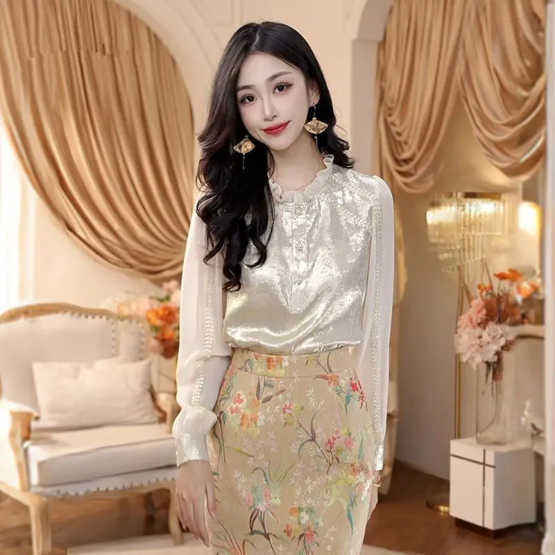 여성을위한 럭셔리 스트리밍 새틴 프렌치 긴팔 셔츠 봄  - Luxury Lifestyle Women 리뷰 및 가격